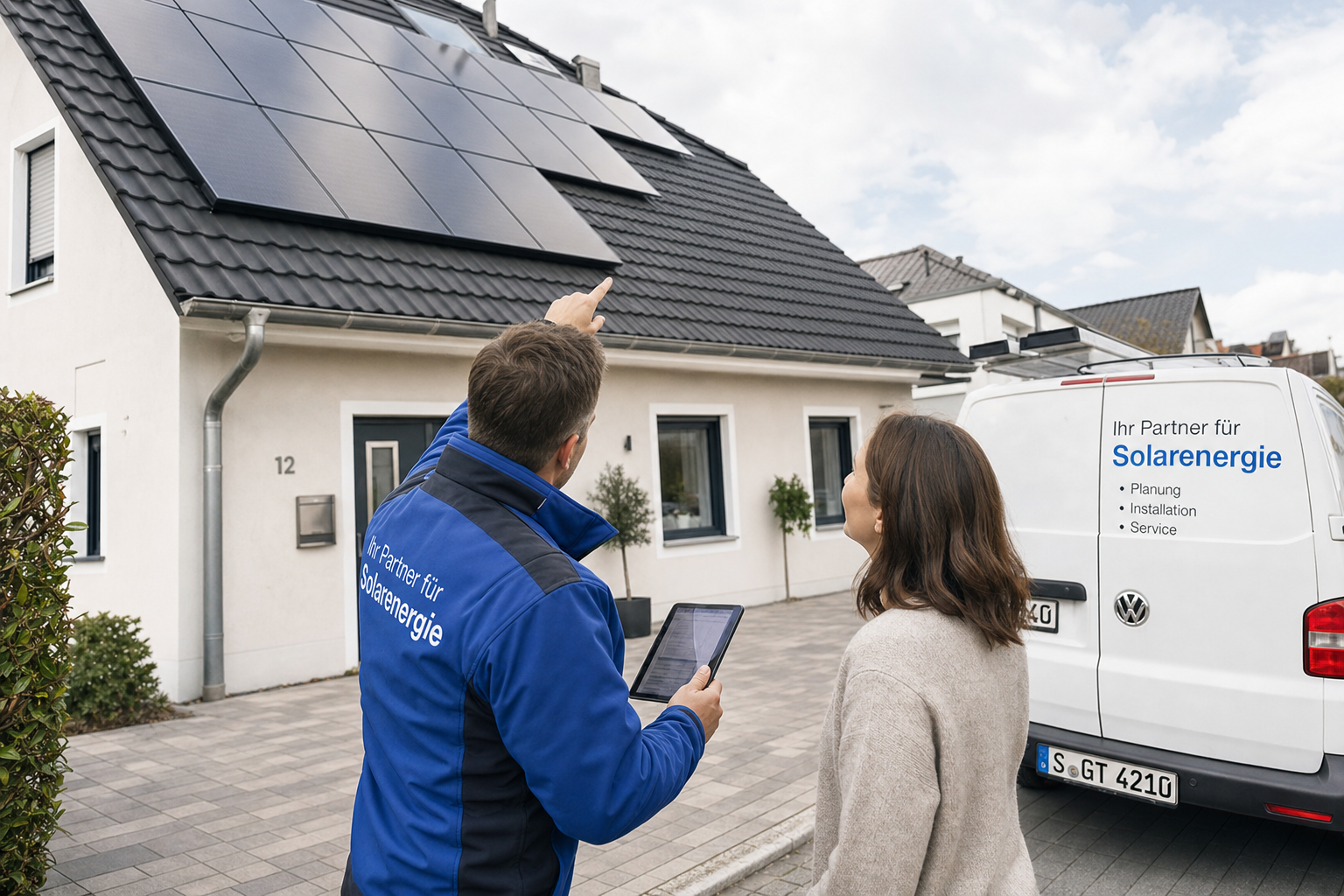 Monteur installiert Photovoltaikmodule auf einem Einfamilienhaus
