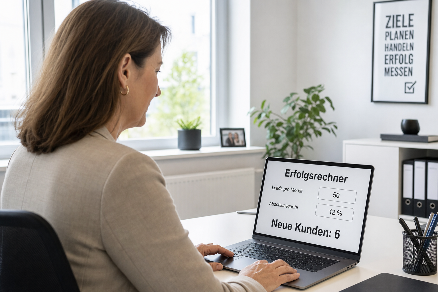 Berater analysiert Kennzahlen am Monitor
