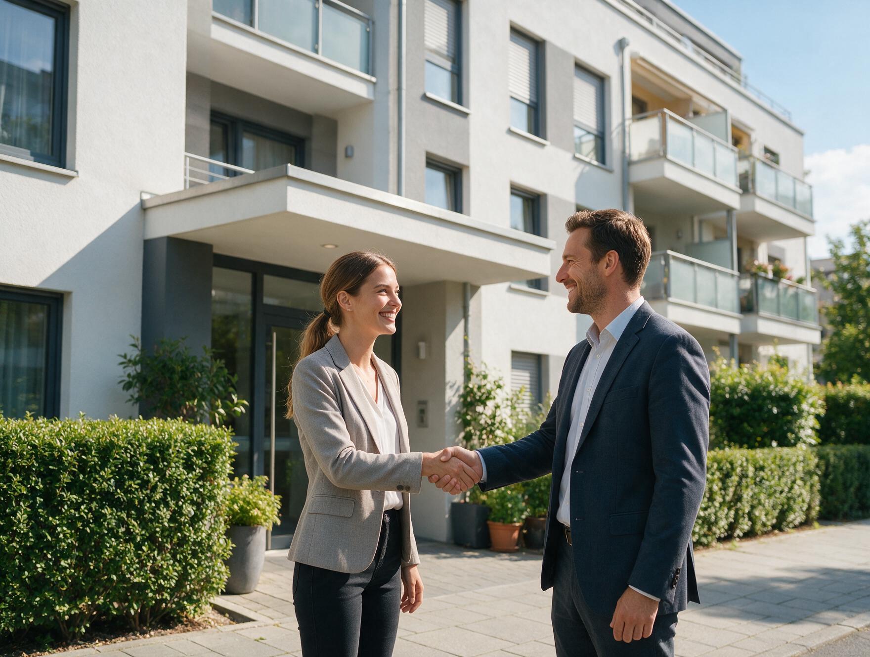 Kapitalanlegerin und Immobilienmakler vor einer modernen Immobilie